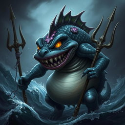 An evil-looking elemental fantasy creature with humanoid fish features