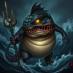 An evil-looking elemental fantasy creature with humanoid fish features