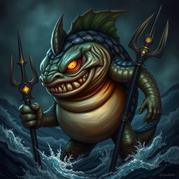An evil-looking elemental fantasy creature with humanoid fish features