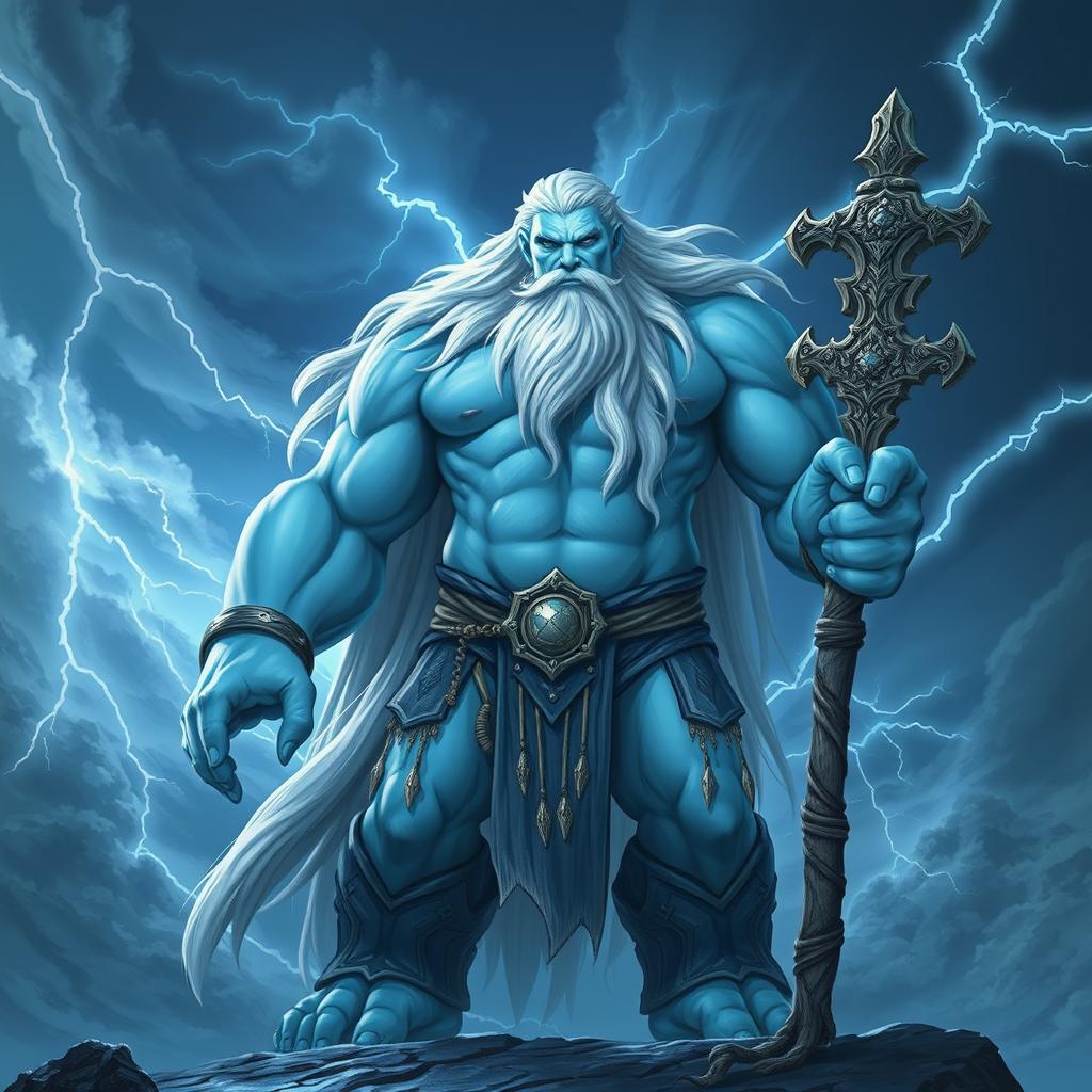 A storm giant cleric with a powerful yet serene presence, featuring striking light blue skin that glows softly in the ambient light