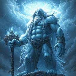 A storm giant cleric with a powerful yet serene presence, featuring striking light blue skin that glows softly in the ambient light