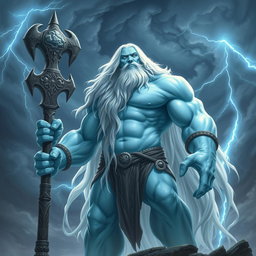 A storm giant cleric with a powerful yet serene presence, featuring striking light blue skin that glows softly in the ambient light