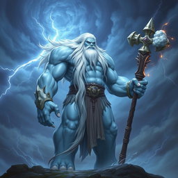 A storm giant cleric with a powerful yet serene presence, featuring striking light blue skin that glows softly in the ambient light
