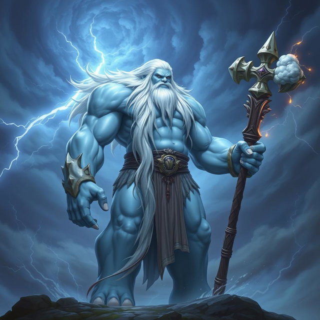 A storm giant cleric with a powerful yet serene presence, featuring striking light blue skin that glows softly in the ambient light