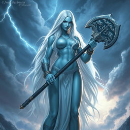 A powerful female storm giant cleric depicted with stunning light blue skin that shimmers in the ambient light