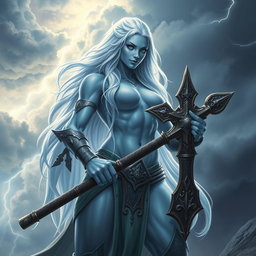 A powerful female storm giant cleric depicted with stunning light blue skin that shimmers in the ambient light