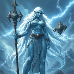 A powerful female storm giant cleric depicted with stunning light blue skin that shimmers in the ambient light