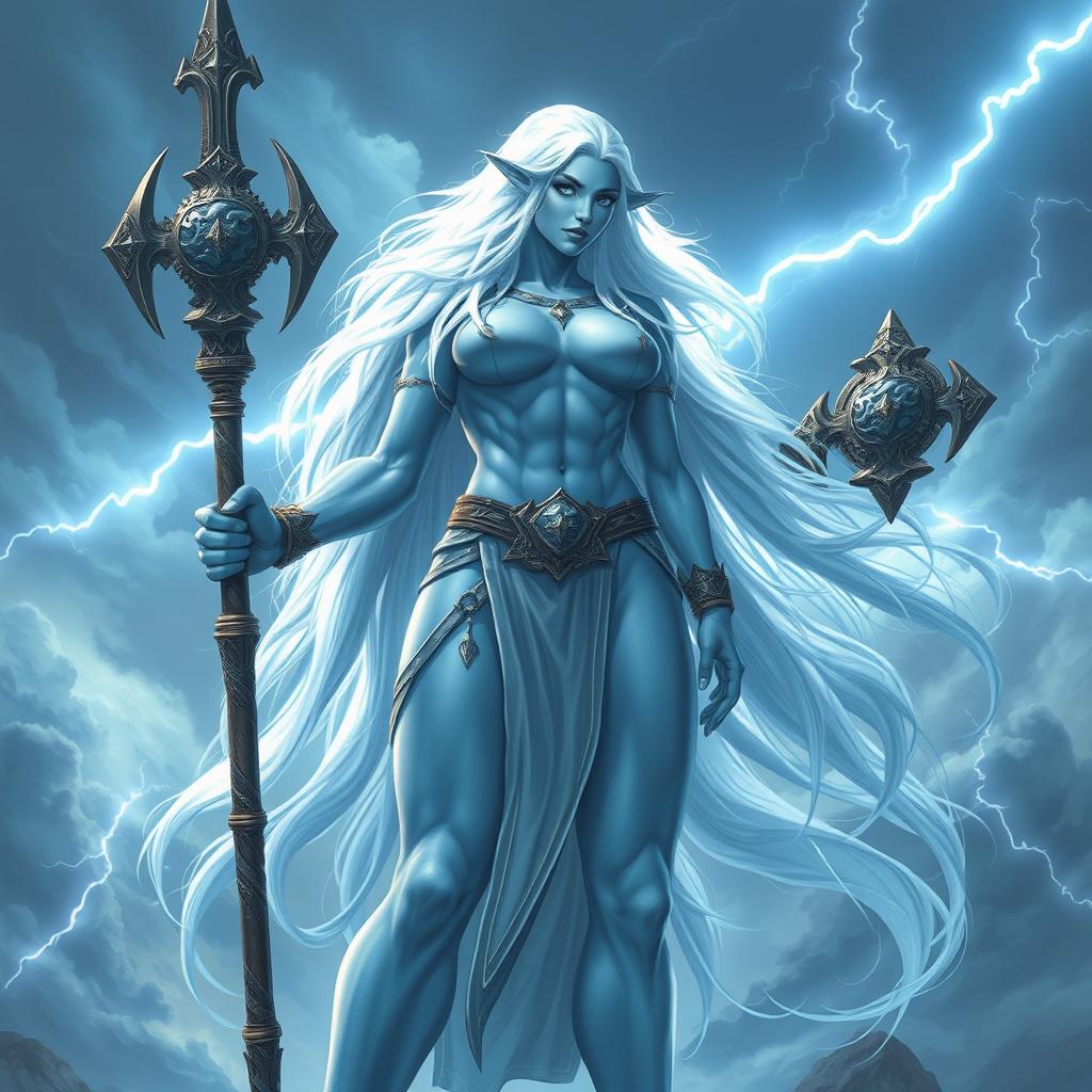 A powerful female storm giant cleric depicted with stunning light blue skin that shimmers in the ambient light