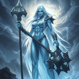 A powerful female storm giant cleric depicted with stunning light blue skin that shimmers in the ambient light