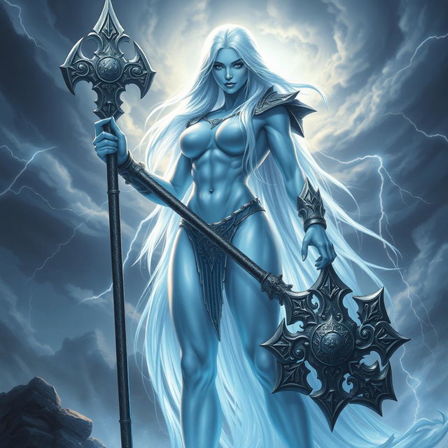 A powerful female storm giant cleric depicted with stunning light blue skin that shimmers in the ambient light