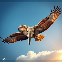 A majestic eagle soaring through a clear blue sky, featuring a striking elephant's face instead of a traditional eagle's head