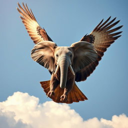A majestic eagle soaring through a clear blue sky, featuring a striking elephant's face instead of a traditional eagle's head