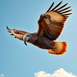 A majestic eagle soaring through a clear blue sky, featuring a striking elephant's face instead of a traditional eagle's head