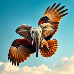 A majestic eagle soaring through a clear blue sky, featuring a striking elephant's face instead of a traditional eagle's head