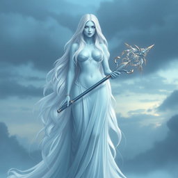 A graceful female storm giant cleric embodying elegance and power, with ethereal light blue skin that glows gently