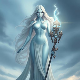 A graceful female storm giant cleric embodying elegance and power, with ethereal light blue skin that glows gently