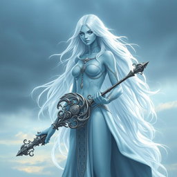 A graceful female storm giant cleric embodying elegance and power, with ethereal light blue skin that glows gently