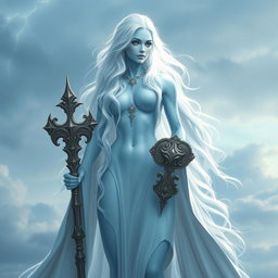 A graceful female storm giant cleric embodying elegance and power, with ethereal light blue skin that glows gently