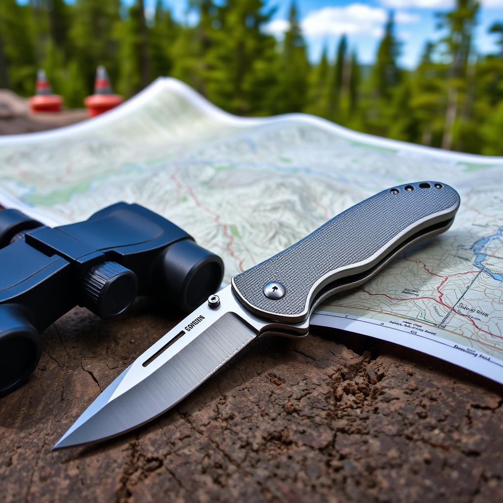 A rugged outdoor scene featuring a detailed folding knife with a polished stainless steel blade and a textured handle, alongside high-quality binoculars resting on a textured wooden surface