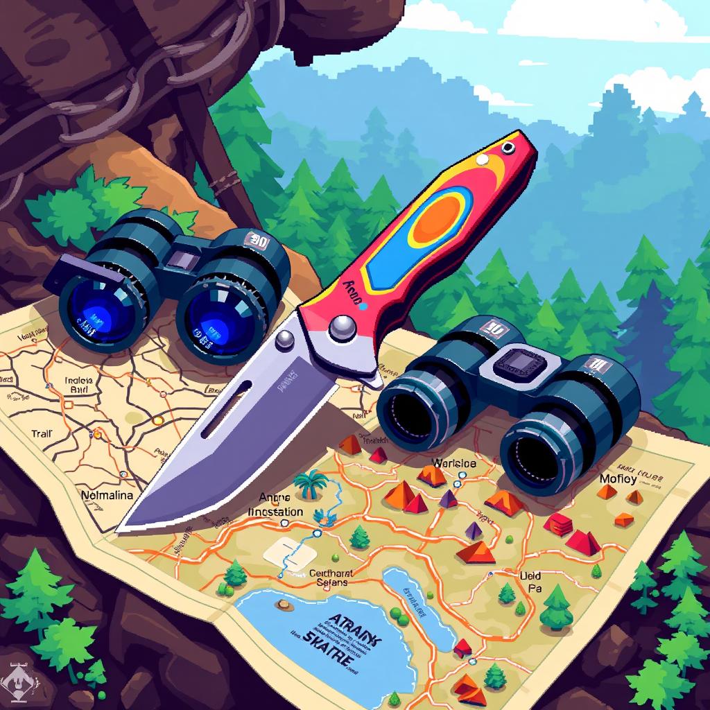 A pixel art scene featuring a detailed folding knife with a vibrant pixelated design, displaying a shiny blade and a colorful handle