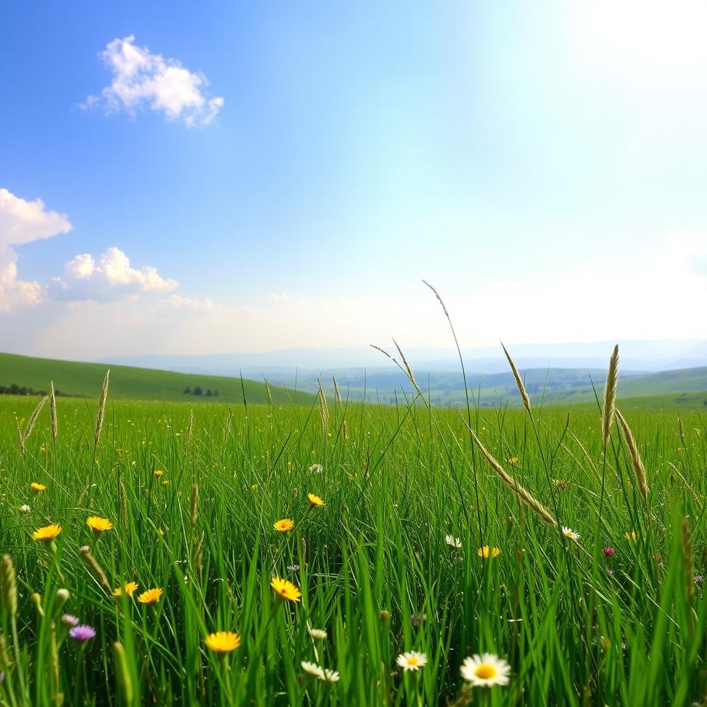 A serene and tranquil softscape featuring a lush green meadow, dotted with delicate wildflowers in vibrant colors like yellow, purple, and white