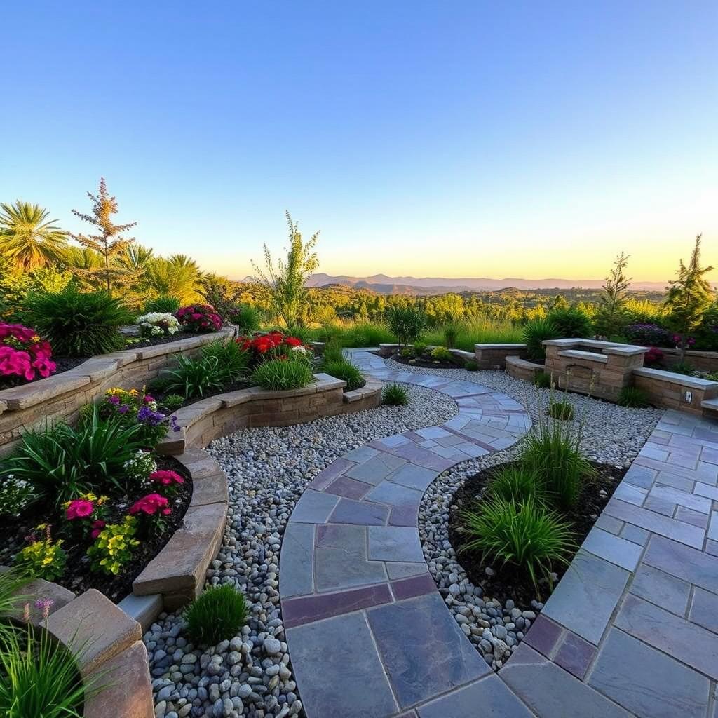 A highly detailed landscape design featuring a variety of hardscape elements