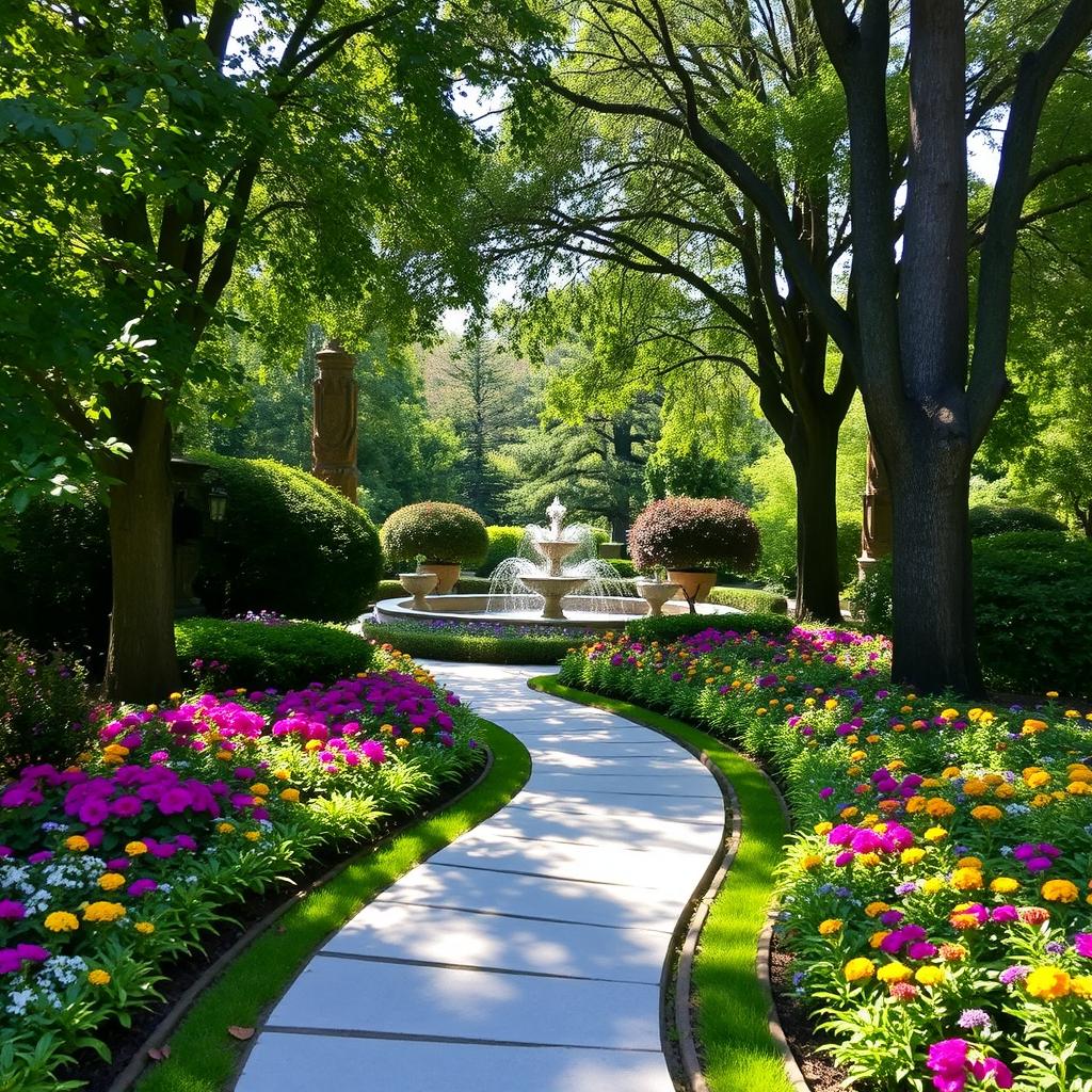 A beautifully landscaped walking path surrounded by lush greenery and vibrant flowers