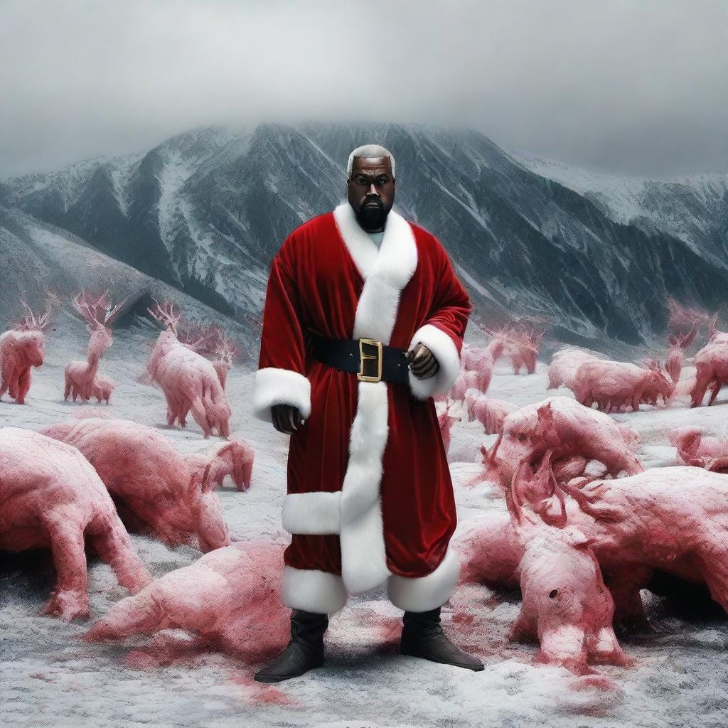 Kanye West dressed as Santa Claus, valiantly battling demonic creatures in a hellish landscape.