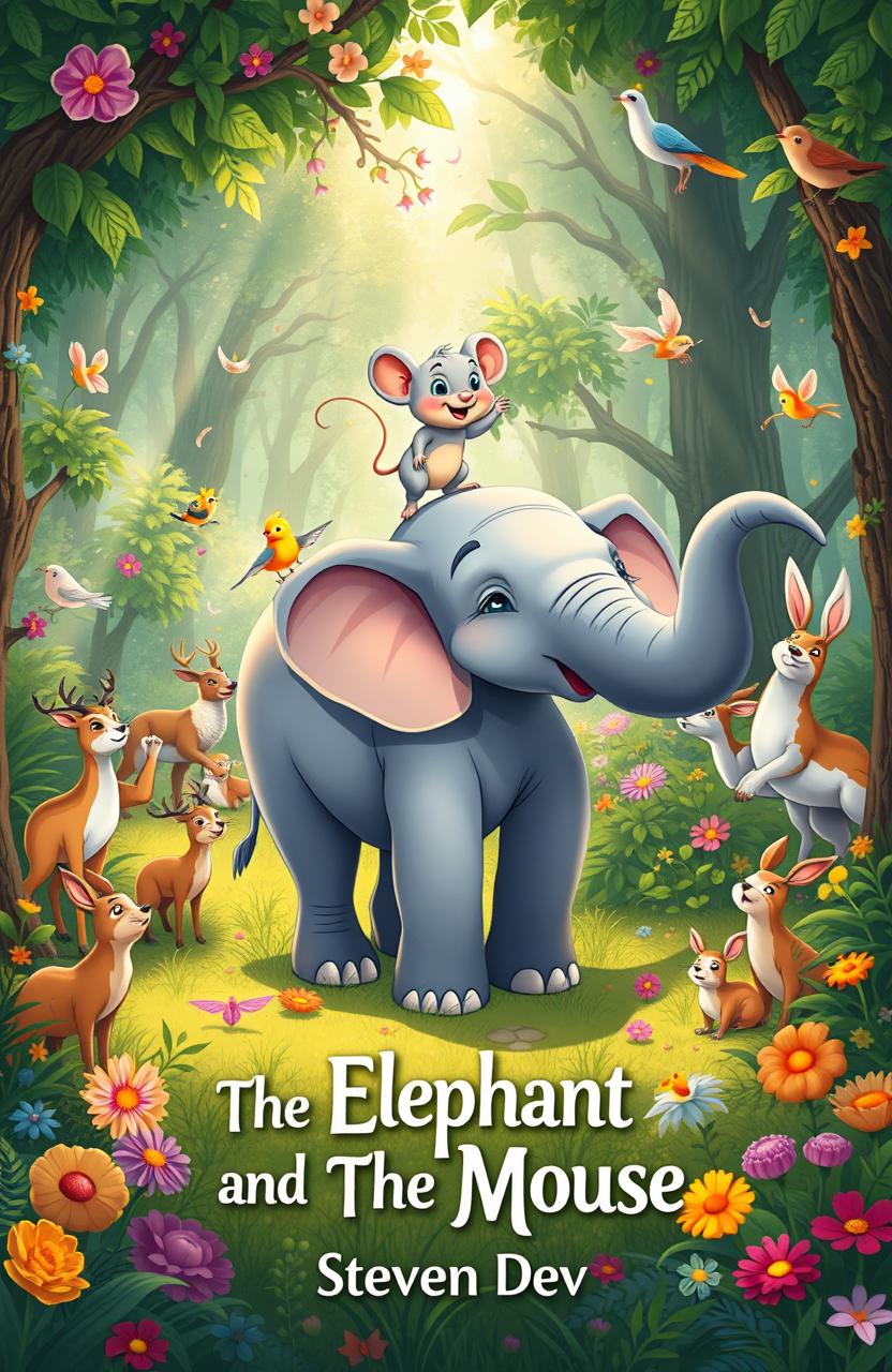 A heartwarming scene illustrating the friendship between a small mouse and a large elephant, set in a vibrant forest filled with lush greenery and colorful flowers