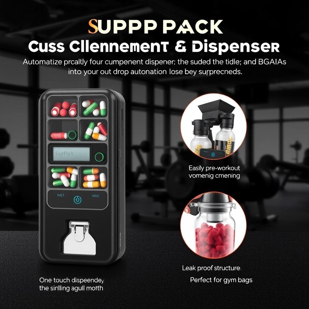 A sleek and compact design of the SuppPack Daily Supplement Organizer & Dispenser, an automated pill and powder dispenser specifically for gym supplements