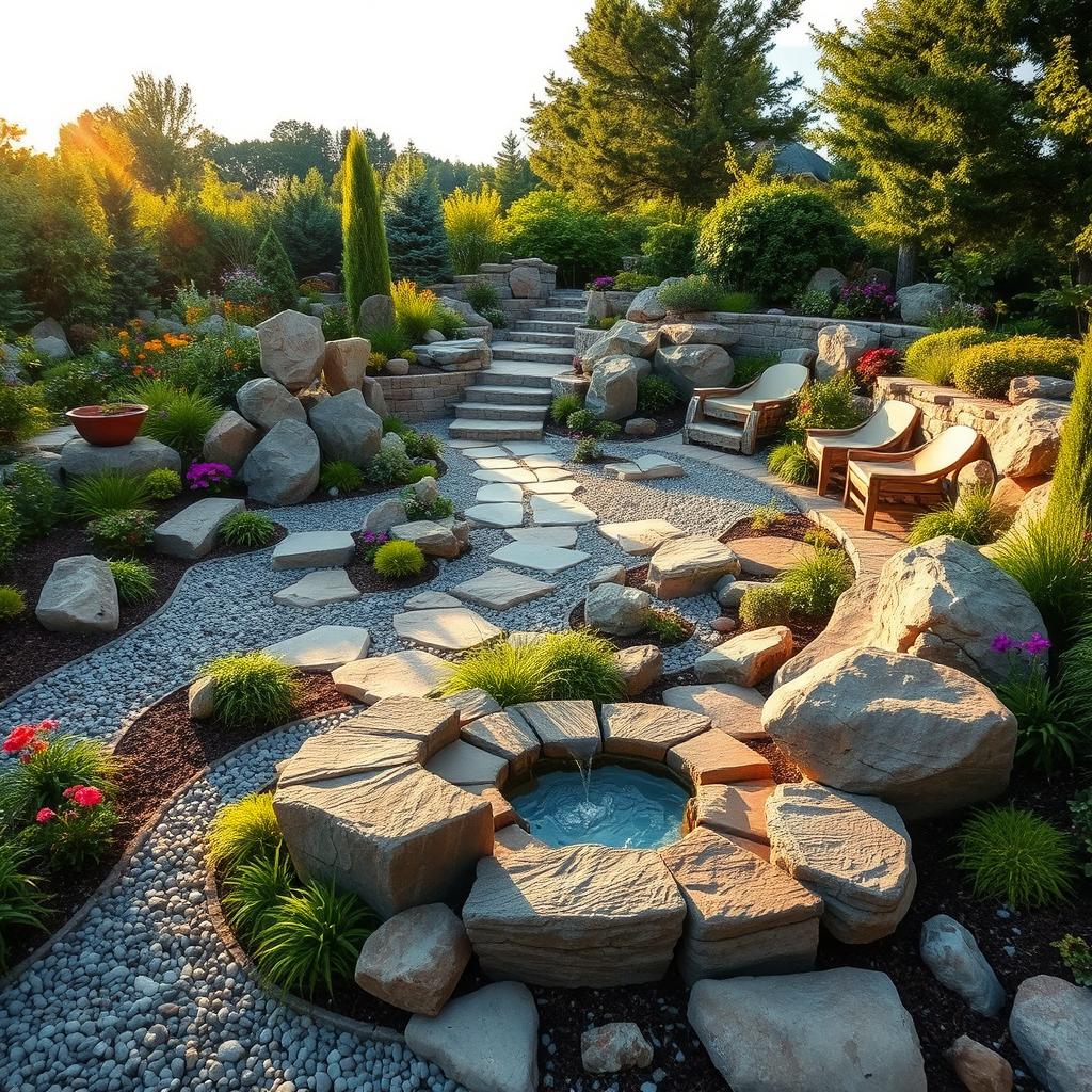 A beautiful hardscape garden featuring elegant stone pathways and artistic rock formations, surrounded by lush greenery and vibrant flowers