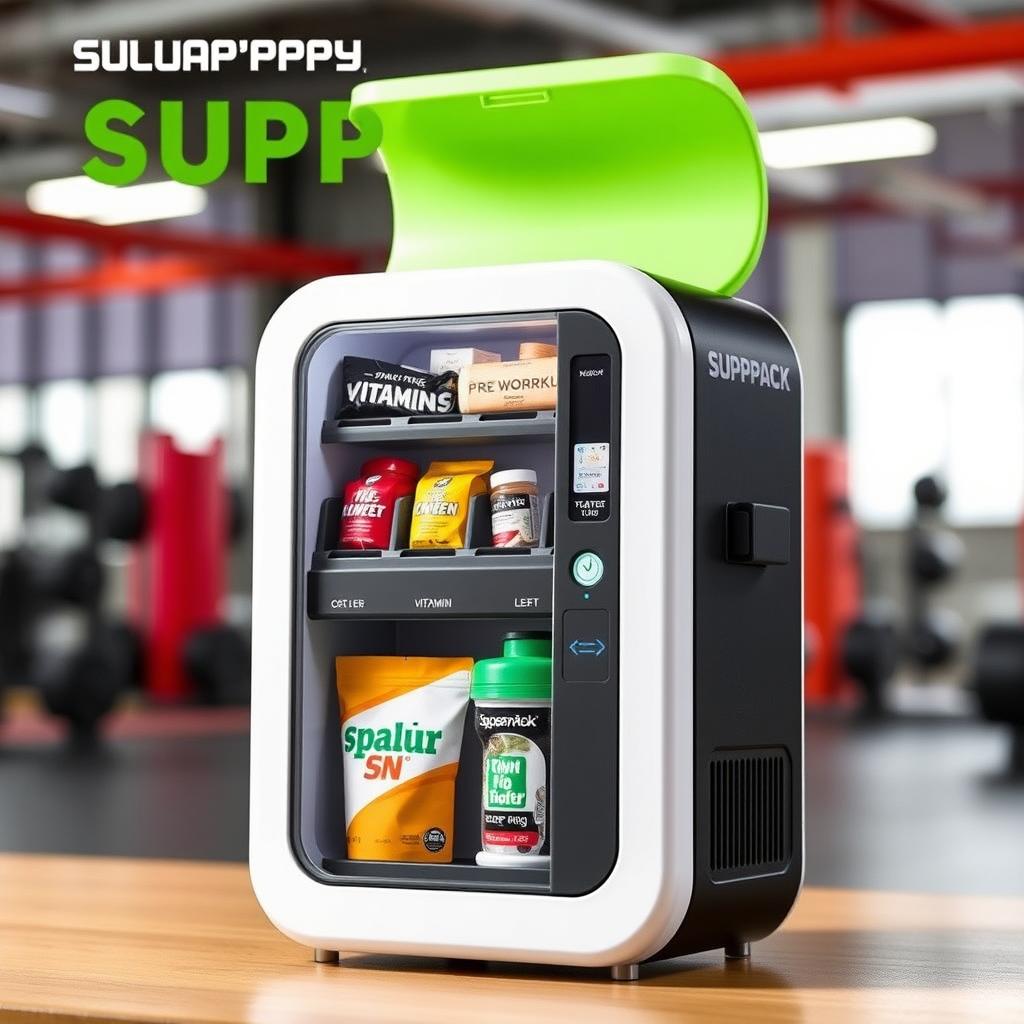 A compact and modern SuppPack Daily Supplement Organizer & Dispenser designed to resemble a small vending machine, specifically for gym supplements