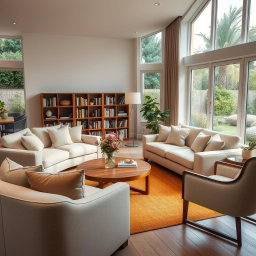A cozy and inviting sitting area featuring a plush, oversized sofa with soft cushions in a light pastel color, surrounded by elegant armchairs with a modern design
