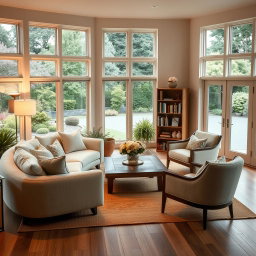 A cozy and inviting sitting area featuring a plush, oversized sofa with soft cushions in a light pastel color, surrounded by elegant armchairs with a modern design