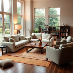 A cozy and inviting sitting area featuring a plush, oversized sofa with soft cushions in a light pastel color, surrounded by elegant armchairs with a modern design