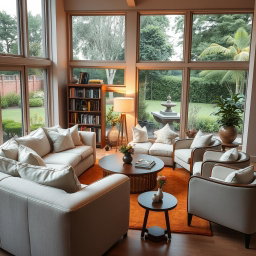 A cozy and inviting sitting area featuring a plush, oversized sofa with soft cushions in a light pastel color, surrounded by elegant armchairs with a modern design