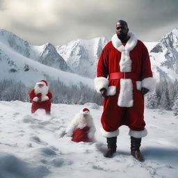 Kanye West dressed as Santa Claus, valiantly battling demonic creatures in a hellish landscape.