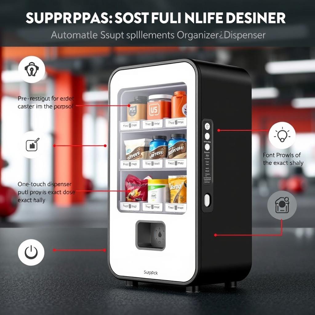 A compact and innovative SuppPack Daily Supplement Organizer & Dispenser designed to resemble a small vending machine, specifically tailored for gym supplements