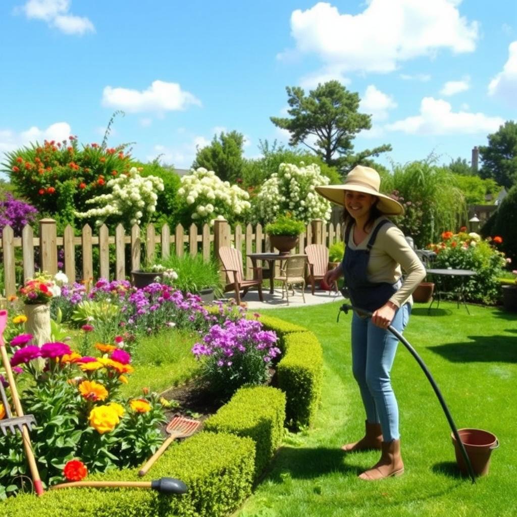 A beautifully maintained garden in a sunny environment, showcasing vibrant flowers, neatly trimmed hedges, and lush green grass
