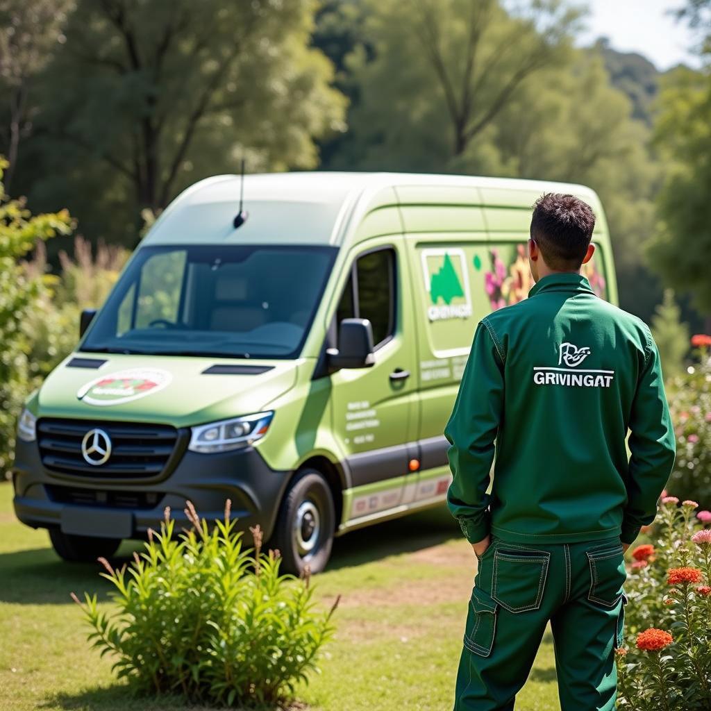 A modern landscape scene featuring a man in a green gardening uniform standing in a lush garden, looking at a green delivery van parked nearby