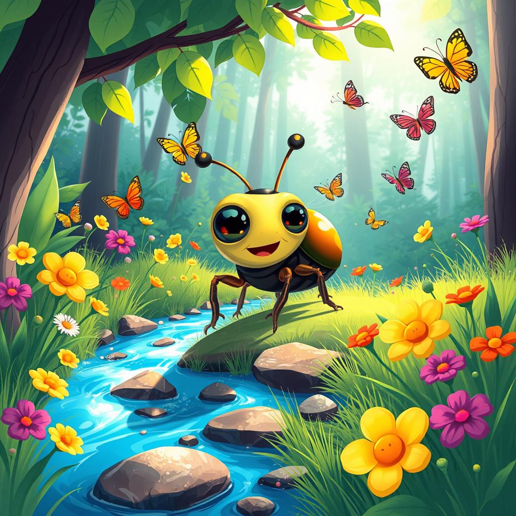 A whimsical illustration of a cartoon beetle embarking on an adventurous journey through a vibrant forest