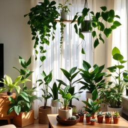 A diverse group of indoor plants arranged aesthetically in a cozy living room setting