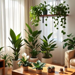 A diverse group of indoor plants arranged aesthetically in a cozy living room setting