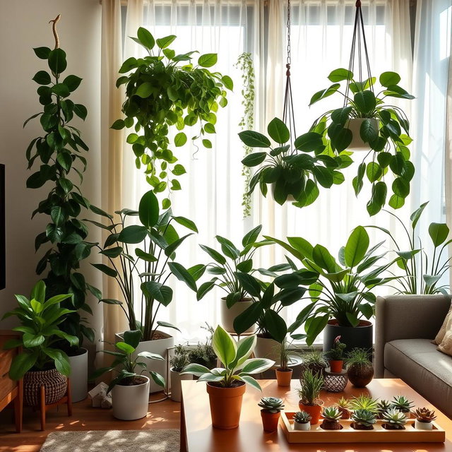 A diverse group of indoor plants arranged aesthetically in a cozy living room setting