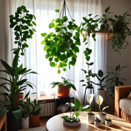 A diverse group of indoor plants arranged aesthetically in a cozy living room setting