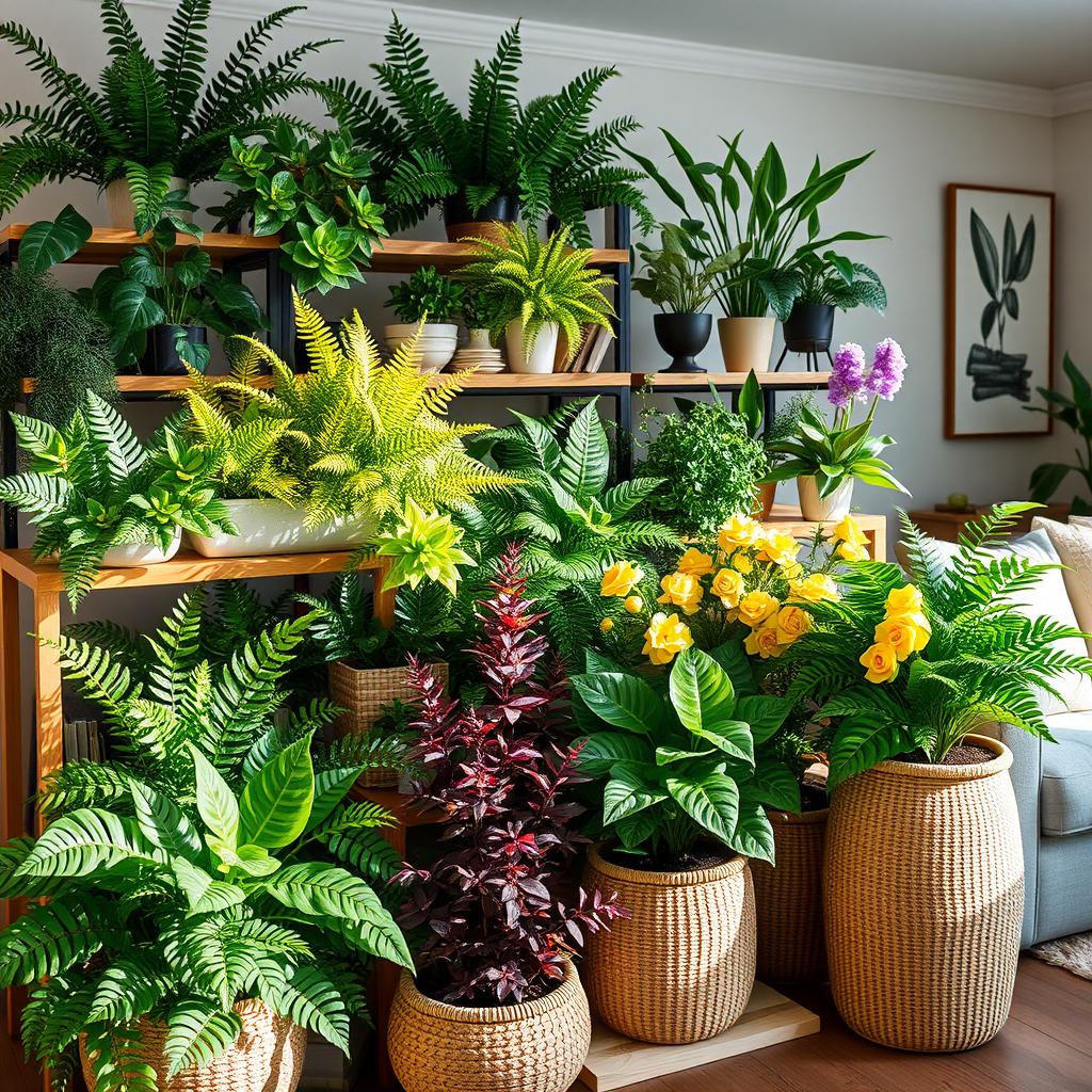 A stunning display of various artificial plants in a beautifully arranged setting