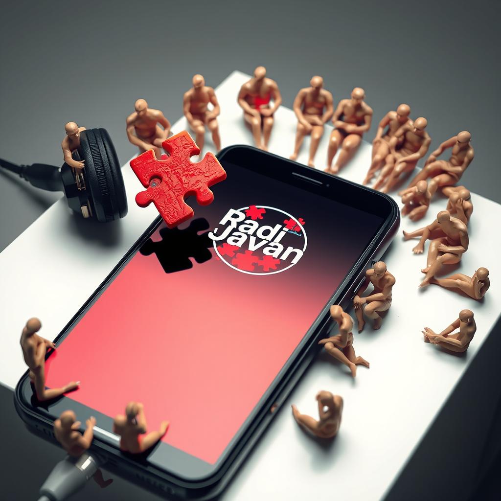 A sleek smartphone with headphones connected, its screen showcasing a vivid red puzzle design