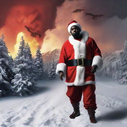 Kanye West dressed as Santa Claus, valiantly battling demonic creatures in a hellish landscape.