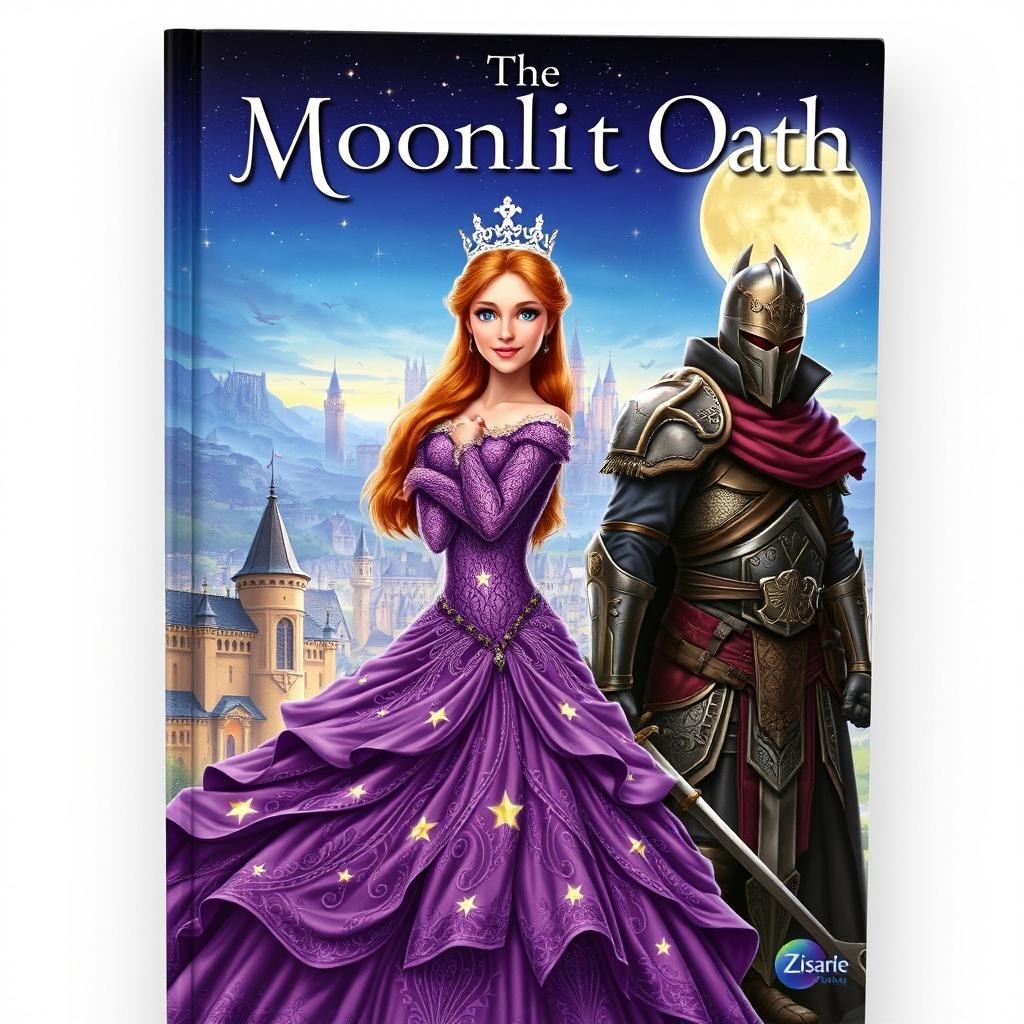 A highly detailed and realistic fantasy book cover featuring a stunning princess in an intricately designed purple gown adorned with sparkling stars, her expression regal and confident