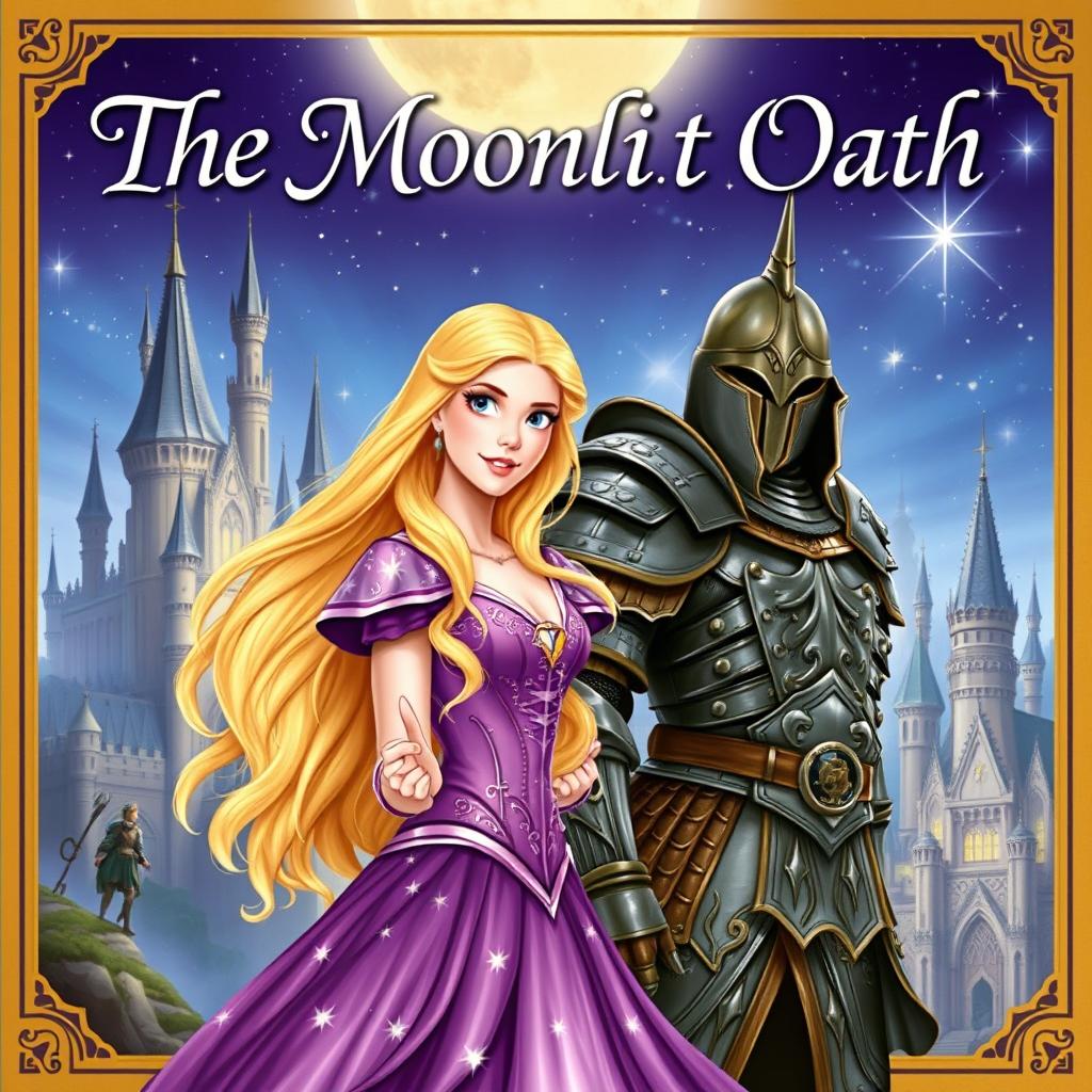 An enchanting fantasy book cover showcasing a stunning princess with long, flowing blonde hair, wearing a beautifully detailed purple gown embellished with sparkling stars